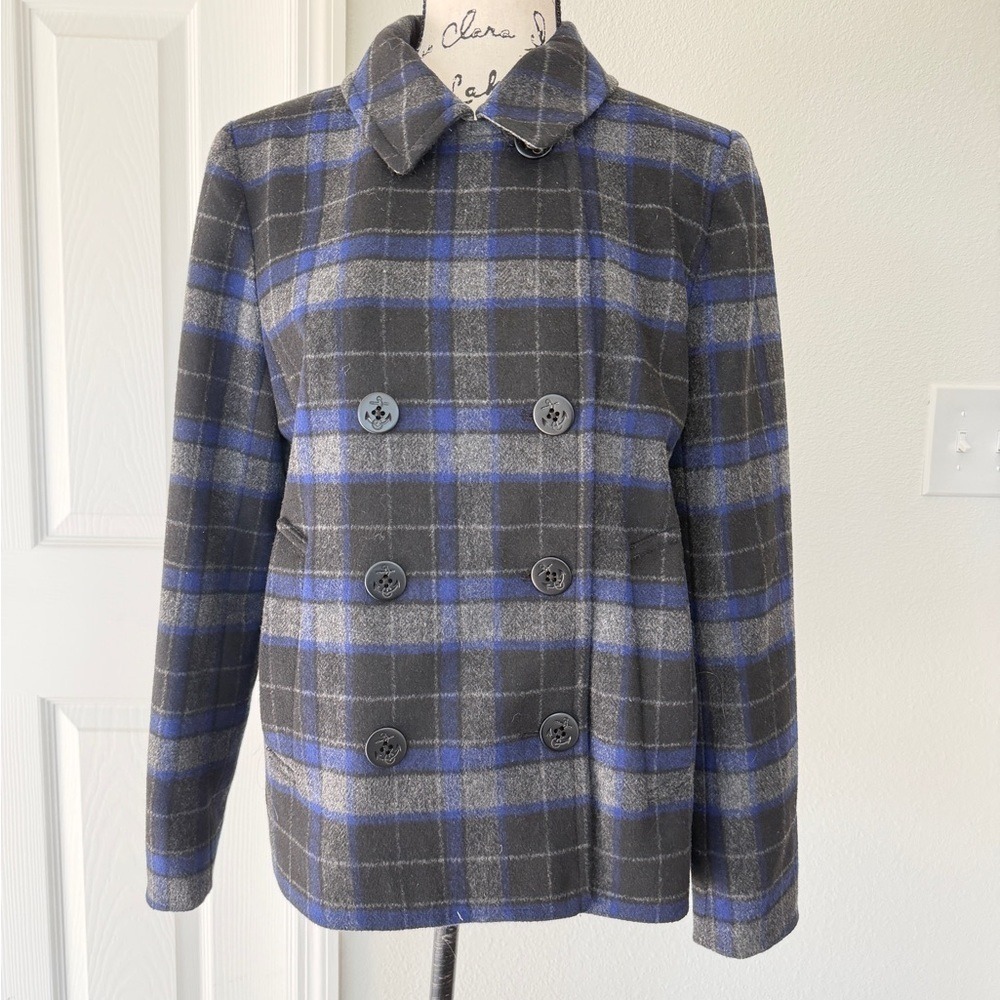 J.Crew Blue Grey Plaid‎ Wool Blend Pea Coat Jacket E2645 Size 8 Dark Academia - Picture 8 of 16